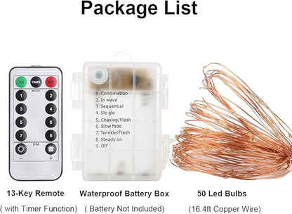GDEALER 4 Pack 16.4 Feet 50 Led Fairy Lights Battery Operated with Remote Control Timer Waterproof Copper Wire Twinkle String Lights for Bedroom Indoor Outdoor Wedding Dorm Decor Warm White