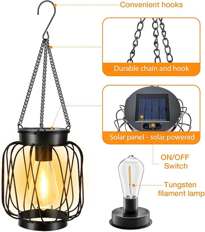 Solar Lanterns Outdoor 2 Pack, Metal Solar Hanging Lanterns with Hook - Outdoor Hanging Lantern Lights Waterproof, Bright Warm Lantern Decor for Outside Garden Yard Patio Pathway