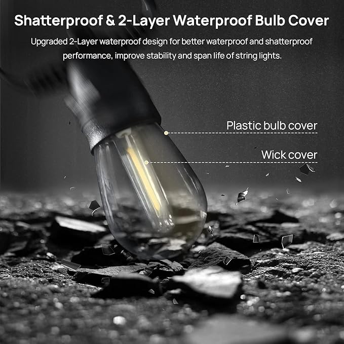walsport 49FT LED Outdoor String Lights with S14 Shatterproof Plastic Bulbs (15+2 Spare) – ETL Listed IP65 Waterproof Patio Lights for Backyard, Cafe, Garden, Party Outdoor Lighting