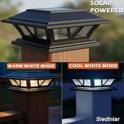 SIEDiNLAR Solar Post Lights Outdoor 2 Modes LED Deck Fence Cap Light for 4x4 5x5 6x6 Posts Patio Garden Decoration Warm White/Cool White Lighting Black (4 Pack)
