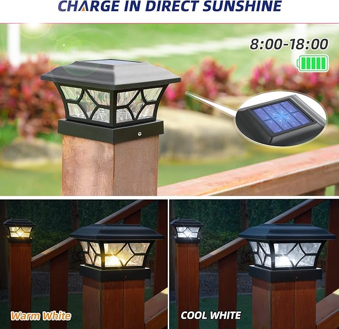 APONUO 4x4 Solar Post Cap Lights 4 Pack - 6x6 Post Cap Solar Light, 2-Mode, IP64 Waterproof, Post Lights Solar Powered for 4x4 5x5 6x6 Wood/Vinyl Posts, Black