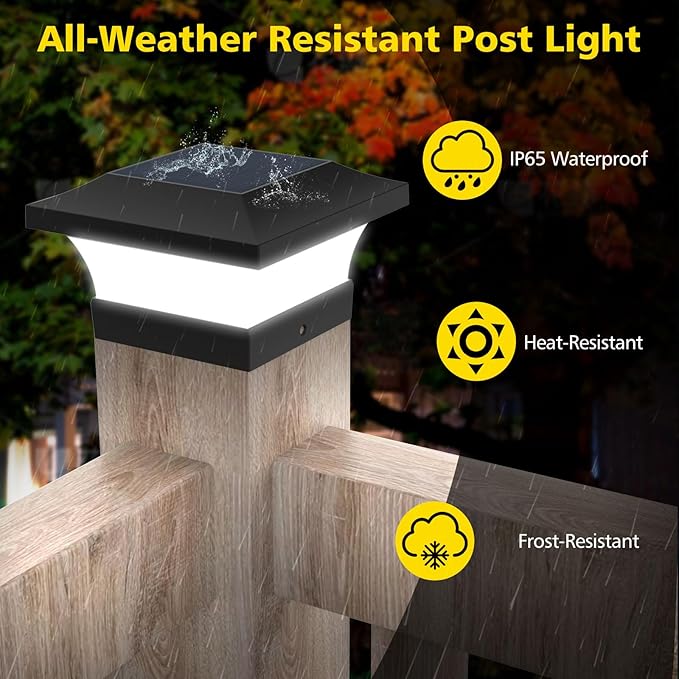 T-SUN Solar Post Lights, Waterproof Outdoor Solar Post Cap Lights for 4 X 4 Wooden Posts, 6000K White LED Lighting, Deck, Patio Garden Decor or Fence(1 Pack)