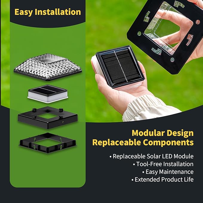 Glass Solar Post Cap Lights with Crystal Style - Decorative Deck Fence Lights for 4x4 5x5 Posts Hidden Solar Panel, Modular Design, 10Hr Runtime, IP65, Warm White, Black, 4 Pack
