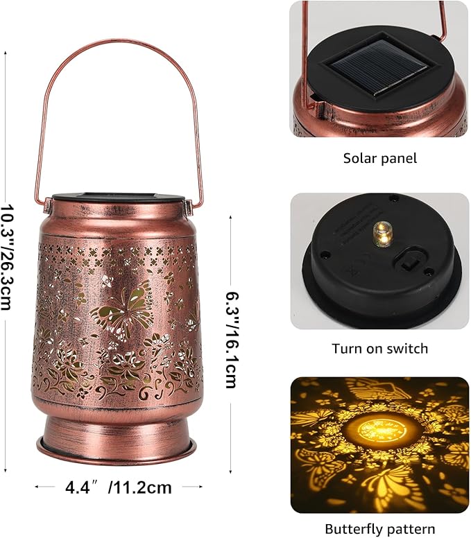 Lyeasw Solar Lanterns Outdoor, Metal Butterfly Garden Lights, Waterproof Hanging Decor for Patio & Porch | Solar-Powered Gift for Women/Mom/Grandma