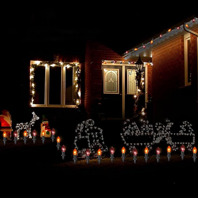 C9 Halloween Pathway Lights Outdoor, 19.5Ft Halloween Decorations Pathway String Lights with 10 C9 Orange and Black Stakes Lights for Walkway Yard Lawn Garden Sidewalk