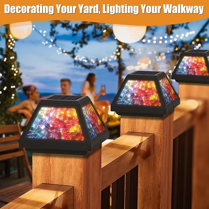 Solar Post Cap Lights - 4x4, 5x5, 6x6 Fence Post Solar Lights, Daffodils Lampshade, 15LM Bright LED, IP65 Waterproof Outdoor Post Lights for Garden, Yard, Deck, Warm White (Mosaic, 4)