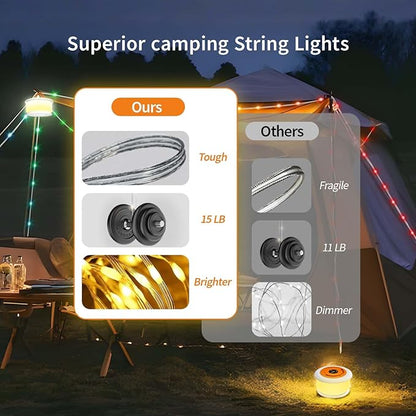 Camping String Lights, 3 in 1 Upgraded Retractable RGB Outdoor String Lights with 19 Lighting Modes,Quick 30s Recovery, 32.8 FT Portable Tent Lights, Rechargeable Camping Lantern (White&Orange)