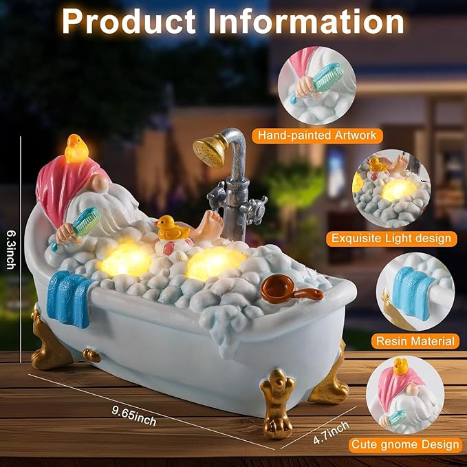 WINTS Solar Garden Gnome, Resin Bathing Figure Outdoor Decorations with Cute Solar Lights for Lawn, Yard, Garden, Funny Gnome Gifts for Women, Birthday