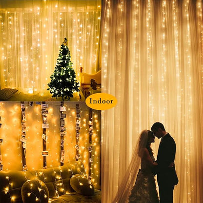 Upgraded Solar Curtain Lights Outdoor Garden Fairy String Lights 300 LED 8 Modes Remote Control Waterproof Waterfall Lights for Gazebo Patio Party Festival Wedding Christmas Decorations(Warm)