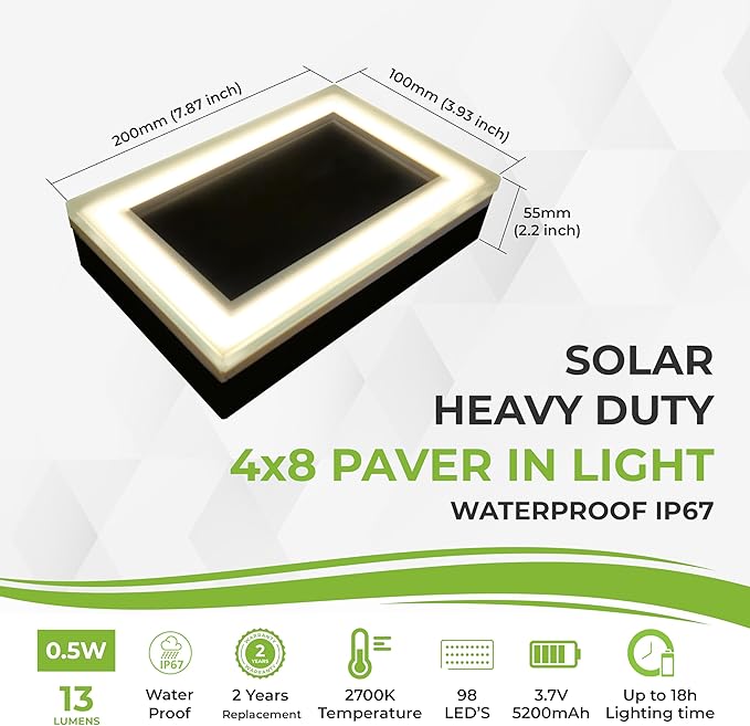LUMENGY Solar Paver Light 4×8 inch (3.93x7.87), Stainless Steel with Tempered Glass, 2700K Warm White Glare-Free Lighting for Driveways, Walkways and Patios, IP67 Waterproof, Drive-Over Rated