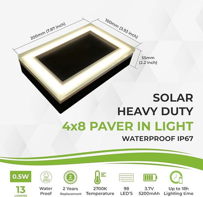 LUMENGY Solar Paver Light 4×8 inch (3.93x7.87), Stainless Steel with Tempered Glass, 2700K Warm White Glare-Free Lighting for Driveways, Walkways and Patios, IP67 Waterproof, Drive-Over Rated