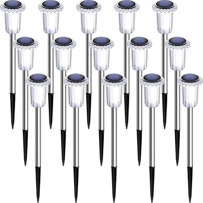 DenicMic Solar Lights Outdoor 15 Pack Waterproof 3000K Warm White LED Stainless Steel Stake Outside Lights for Yard Pathway Garden Driveway Walkway Landscape Path Lighting