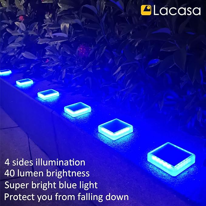 Lacasa Solar Deck Lights, 4 Pack 30LM LED Dock Lights Blue Light, Outdoor Solar Powered Step Lights Light up All Night IP68 Waterproof Auto ON/Off for Garden Stairs Driveway Pathway Lighting