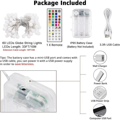 OMIKA 33 FT Globe Battery Powered String Lights, 60 LED Warm White & Multicolor Battery String Light, USB Powered Camping Lights String for Indoor Outdoor Hanging Light for Bedroom Room Party Decor