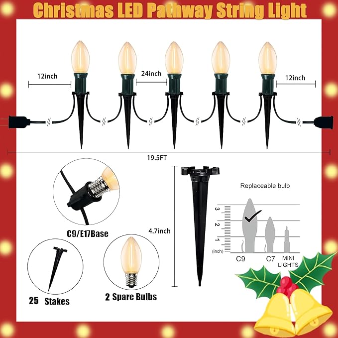 C9 Led Christmas Pathway Lights Outdoor, 38Ft 25 LED C9 Warm White Pathway Marker Stakes, Connectable Christmas Walkway Lights UL Listed for Yard Lawn Sidewalk Driveway Decorations