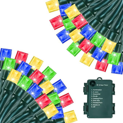 Battery Operated Christmas Lights, 33 FT 100 LED Mini String Lights with Timer and 8 Modes, Green Wire Outdoor Waterproof String Lights for Tree Xmas Indoor Holiday Party Garden Decor, Multicolor