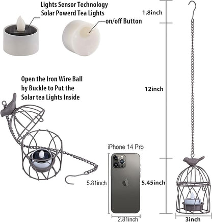 Solar Lanterns Outdoor Waterproof, Rust Iron Cage Candle Holder with Flickering Solar Powered Tea Lights, Hanging Solar Lights for Outside Tree Backyard Patio Garden Fence Decoration-4Pack