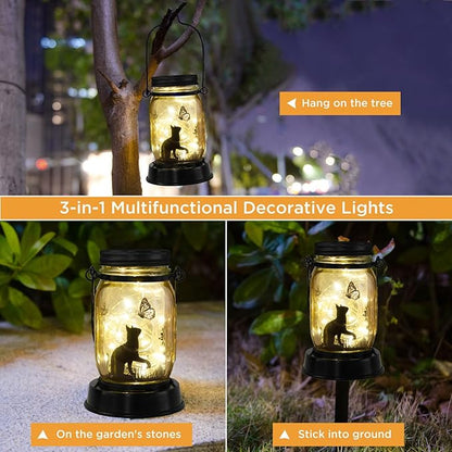 Cat Lover Gifts for Mom/Grandma/Women/Sister Cat Butterfly Solar Light Gifts Mother Day Gift Solar Lanterns Outdoor Waterproof Fairy Lights Led Mason Jar Hanging Cat Lamps Decor for Garden Yard Patio