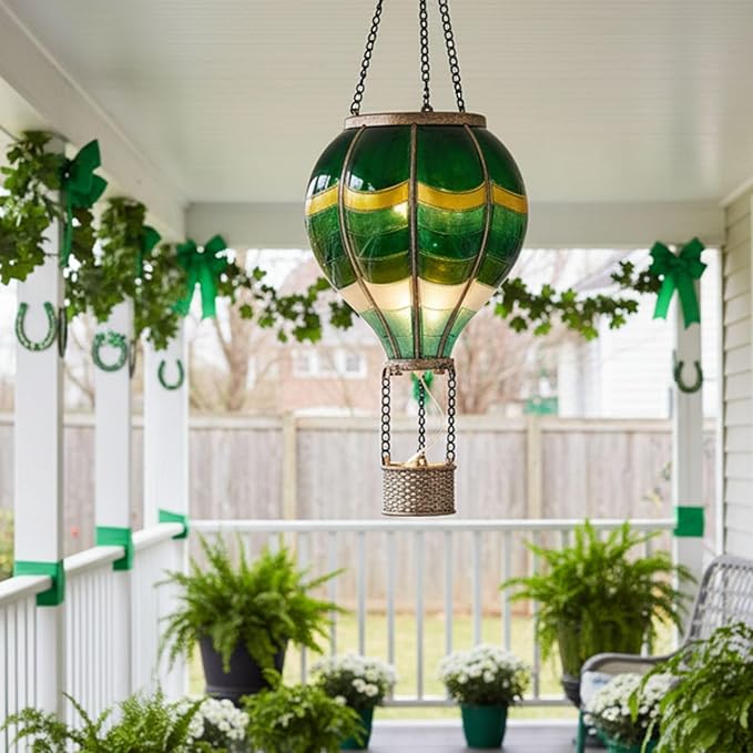 TERESA'S COLLECTIONS Hot Air Balloon Solar Lantern for Outdoor Garden Decor, Hanging Flickering Flame Outdoor Lights for Trees, Green St Patrick's Day Decorations for Party Father's Gift