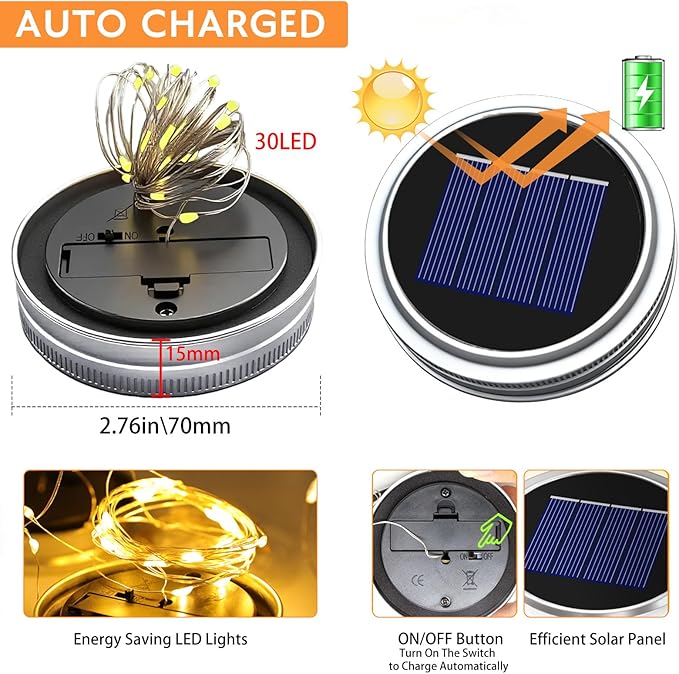 6 Pack Solar Mason Jar Lights for Outside, 30 LED Solar Mason Jar Lids Fairy Lights with 6 Hangers(No Jars) Outdoor Waterproof for DIY Patio Garden Yard Lawn Party Wedding Decoration Warm White