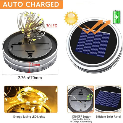 6 Pack Solar Mason Jar Lights for Outside, 30 LED Solar Mason Jar Lids Fairy Lights with 6 Hangers(No Jars) Outdoor Waterproof for DIY Patio Garden Yard Lawn Party Wedding Decoration Warm White
