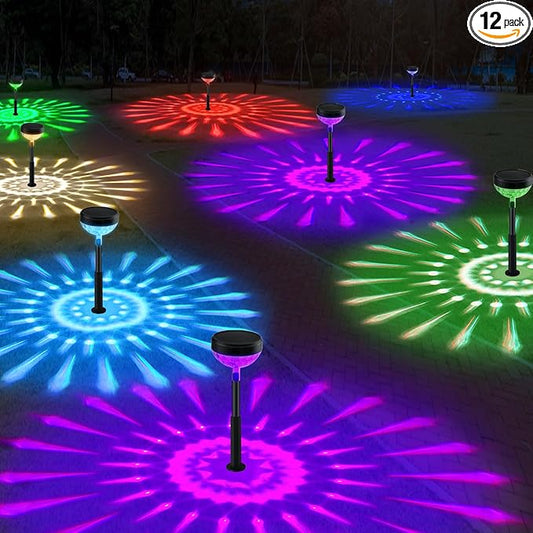 12Pack Solar Pathway Lights Outdoor, Color Changing+8 Fixed Color (Warm White, Cool White, Colored) Solar Lights Outdoor, Bright Solar Powered Garden Light