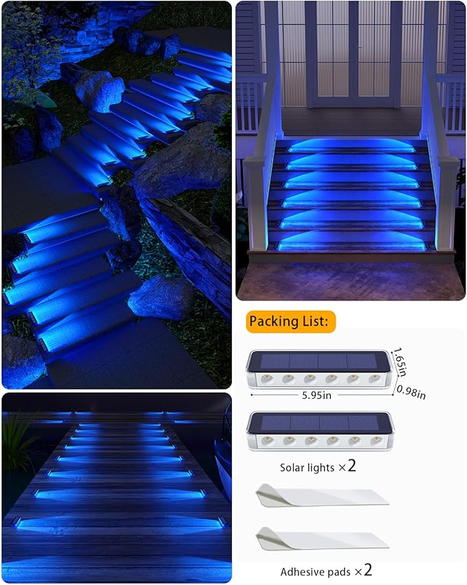Solar Step Lights for Outside, 2 Pack Solar Stair Lights, Blue Outdoor Deck Light Waterproof, Outdoor Light Solar Powered for Deck, Dock, Pathway, Porch, Path, Ground, Backyard