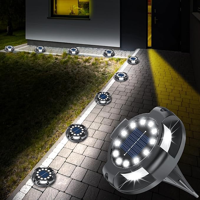 12-Pack Solar Ground Disk Lights, White Waterproof LED
