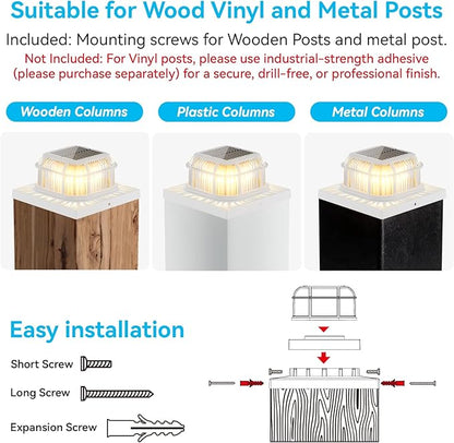 Solar Post Light 6 Packs with 4x4, 5x5 and 6x6 Inches Base for Vinyl/Wooden Posts, Bright 16 LEDs Solar Cap Lights with Two Light Modes for Decorating Deck, Patio, Porch, Fence (White)