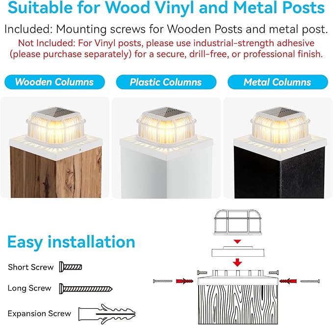 Solar Post Light 4 Packs with 4x4, 5x5 and 6x6 Inches Base for Vinyl/Wooden Posts, Bright 16 LEDs Solar Cap Lights with Two Light Modes for Decorating Deck, Patio, Porch, Fence (White)