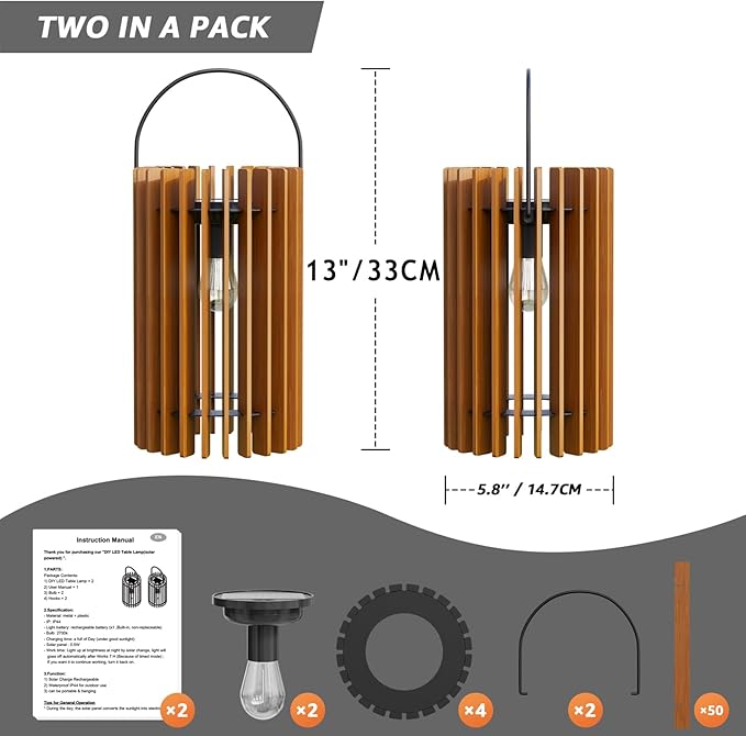 2 Pack 13" Solar Lantern Outdoor Waterproof IP44 Outside Lights LED Hanging Rattan Lamp for Patio Garden Decor Porch Yard Table Top Decorative