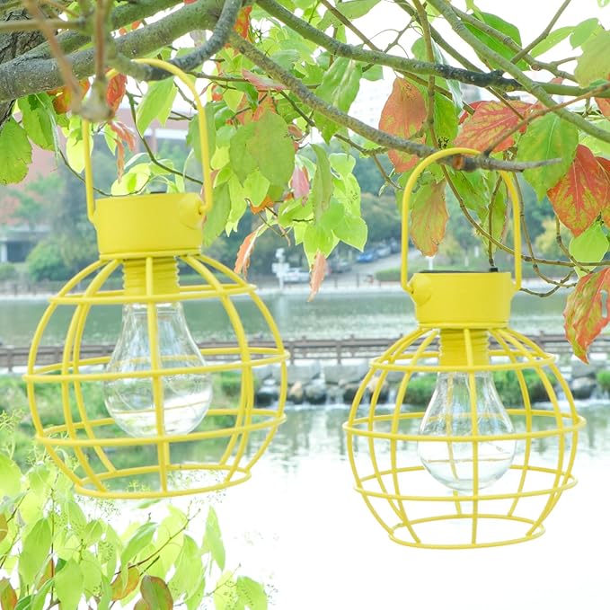 2 Pack Solar Lanterns Outdoor Hanging Lights, Metal Solar Lantern Outdoor Waterproof Auto On/Off Solar Light for Patio Backyard Pathway Porch, Yellow