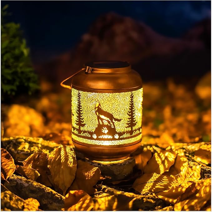 Wolf Solar Lanterns Outdoor Waterproof Hanging Solar Lights Wolf Gifts for Men/Women/Wolf Lovers Gifts Metal Decorative LED Wolf Lanterns for Garden Decor,Patio,Lawn,Pathway,Yard