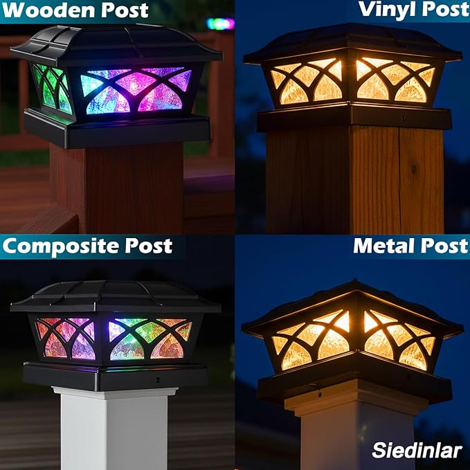 SIEDiNLAR Solar Post Cap Lights Outdoor Glass 2 Color Modes for 4x4 5x5 6x6 Wooden Vinyl Posts Fence Deck Patio Decoration RGB Color Changing/Warm White Lighting Black (4 Pack)
