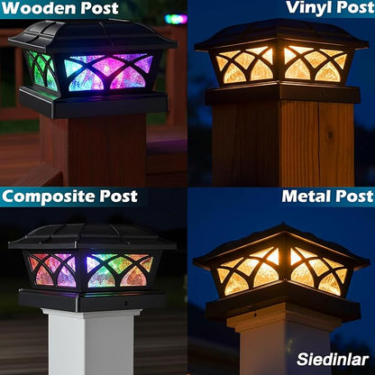 SIEDiNLAR Solar Post Cap Lights Outdoor Glass 2 Color Modes for 4x4 5x5 6x6 Wooden Vinyl Posts Fence Deck Patio Decoration RGB Color Changing/Warm White Lighting Black (4 Pack)