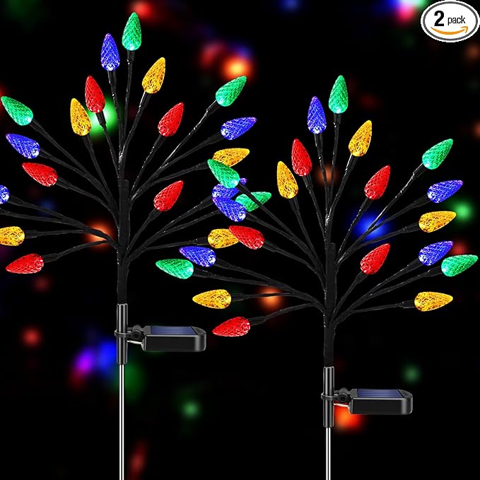 Solar Christmas Lights Outdoor Waterproof, Solar Powered Xmas Stake Lights Decorations with 20 Colored Strawberries and 2 Modes for Outside, Pathway, Yard, Walkway, Lawn, Grave, Holiday Decor(2 Pack)