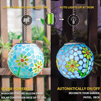 VCUTEKA Solar Lanterns Outdoor Waterproof - Hanging Solar Lights Garden LED Lanterns Mosaic Glass Design for Landscape Patio Yard Garden Pathway Decoration