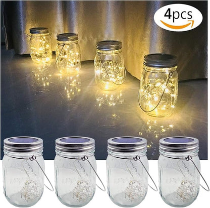 Solar Mason Jar Lights, 4 Pack 30 LEDs Waterproof Fairy Firefly String Lights Build-in Glass Mason Jar, Best Patio Garden Decor Solar Hanging Lanterns Outdoor Warm White (4 Pack-Mason Jars Included)