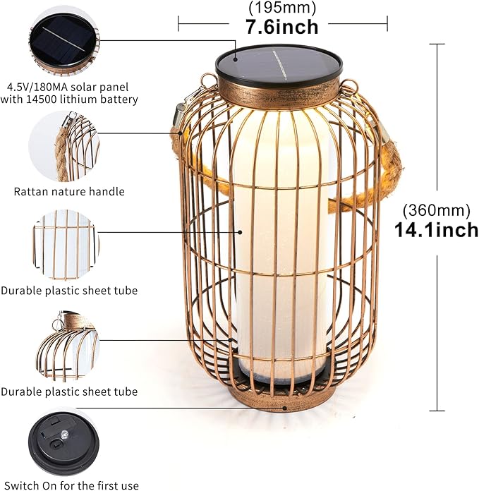 Large Outdoor Solar Lanterns Hanging Light Waterproof LED Garden Lights Solar Powered Retro Metal Auto On Off Table Lamp for Garden Patio Porch Pathway Walkway Tabletop Decorative(Bronze)