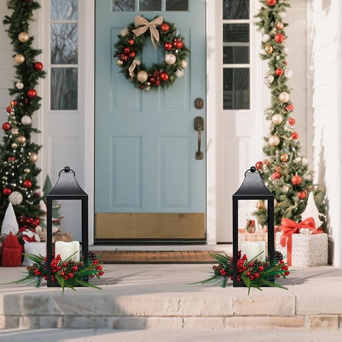 Christmas Lantern 16.2" Metal Outdoor Large Christmas Lanterns with LED Flameless Candle Hanging Lantern, Decorative Hanging Lanterns for Xmas Table Centerpieces, Front Porch, Indoor, Black