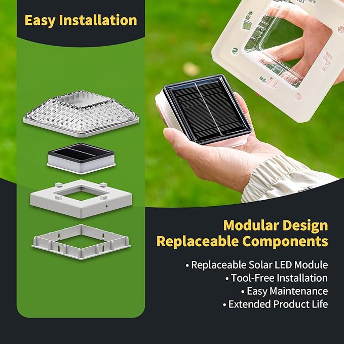 Glass Solar Post Cap Lights with Crystal Style - Decorative Deck Fence Lights for 4x4 5x5 Posts Hidden Solar Panel, Modular Design, 10Hr Runtime, IP65, Warm White, White, 4 Pack