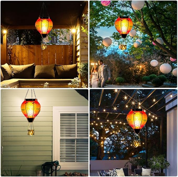 DREAMSOUL 2 PCS Solar Hot Air Balloon Lantern with Flame, Glass Hanging Solar Lanterns Outdoor Waterproof for Lawn Patio Porch Decor