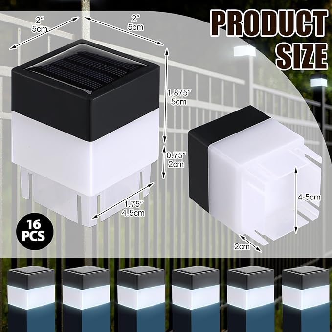 16 Pack Solar Fence Post Cap Lights 2In x 2In (5cm x 5cm) Solar Post Cap Fence Lights for Garden, Gazebos, Street Wall