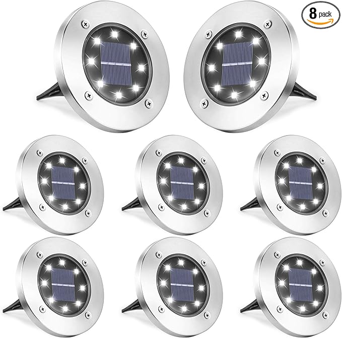 8-Pack White Flat Solar Landscape Lights, Waterproof LED