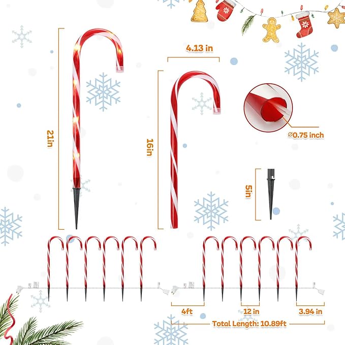Christmas Candy Cane Lights Outdoor Pathway，12Pack Light up Candy Canes 16" Christmas Sidewalk Walkway Lights with 72 Incandescent Large Lighted Candycane Outdoors Decorations Yard Stakes