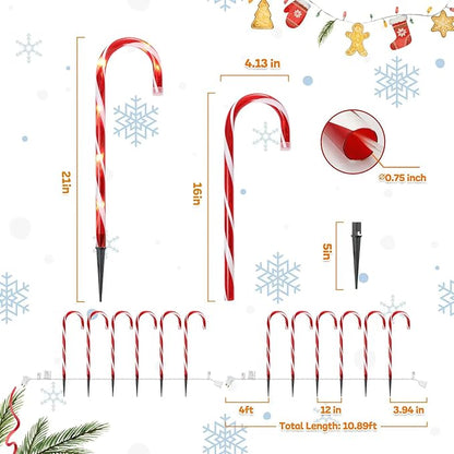 Christmas Candy Cane Lights Outdoor Pathway，12Pack Light up Candy Canes 16" Christmas Sidewalk Walkway Lights with 72 Incandescent Large Lighted Candycane Outdoors Decorations Yard Stakes