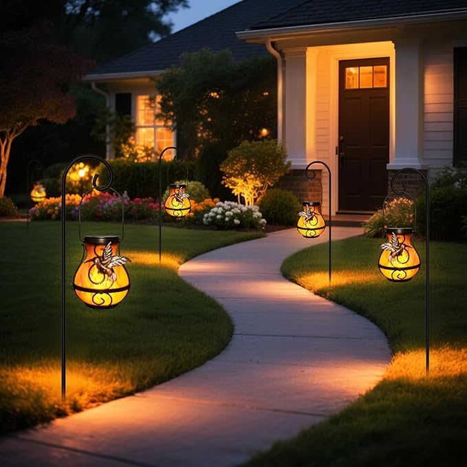 2-Pack Rustic Hummingbird Solar Lanterns for Backyard, Waterproof LED