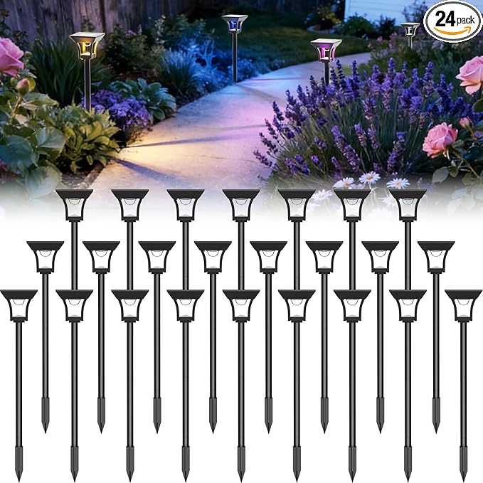 CINOTON 24 Pack RGBCW Solar Pathway Outdoor Lights, 3 Lighting Modes Solar LED Garden Lights, IP65 Waterproof Outside Solar Powered Landscape Lighting for Planter Lawn Pool Balcony RGB/Warm/Cold White