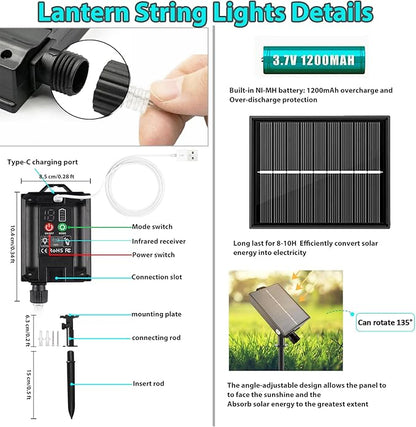 Solar Lantern String Lights Waterproof Outdoor, 40ft 40Led Warm White & Multi-Color Garden Lights Hanging Hemp Rope Nylon Lanterns with Remote, Timer for Yard, Balcony, Fences, Porch