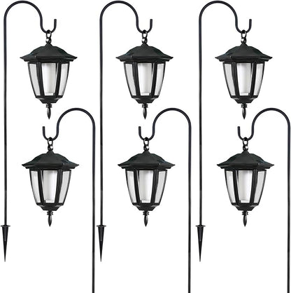 Dynaming 6 Pack Solar Flame Hanging Lights Outdoor, Halloween Solar Flickering Flame LED Garden Lanterns with 6 x 38 Inch Shepherd Hooks, Christmas Lighting for Lawn Patio Yard Pathway Driveway